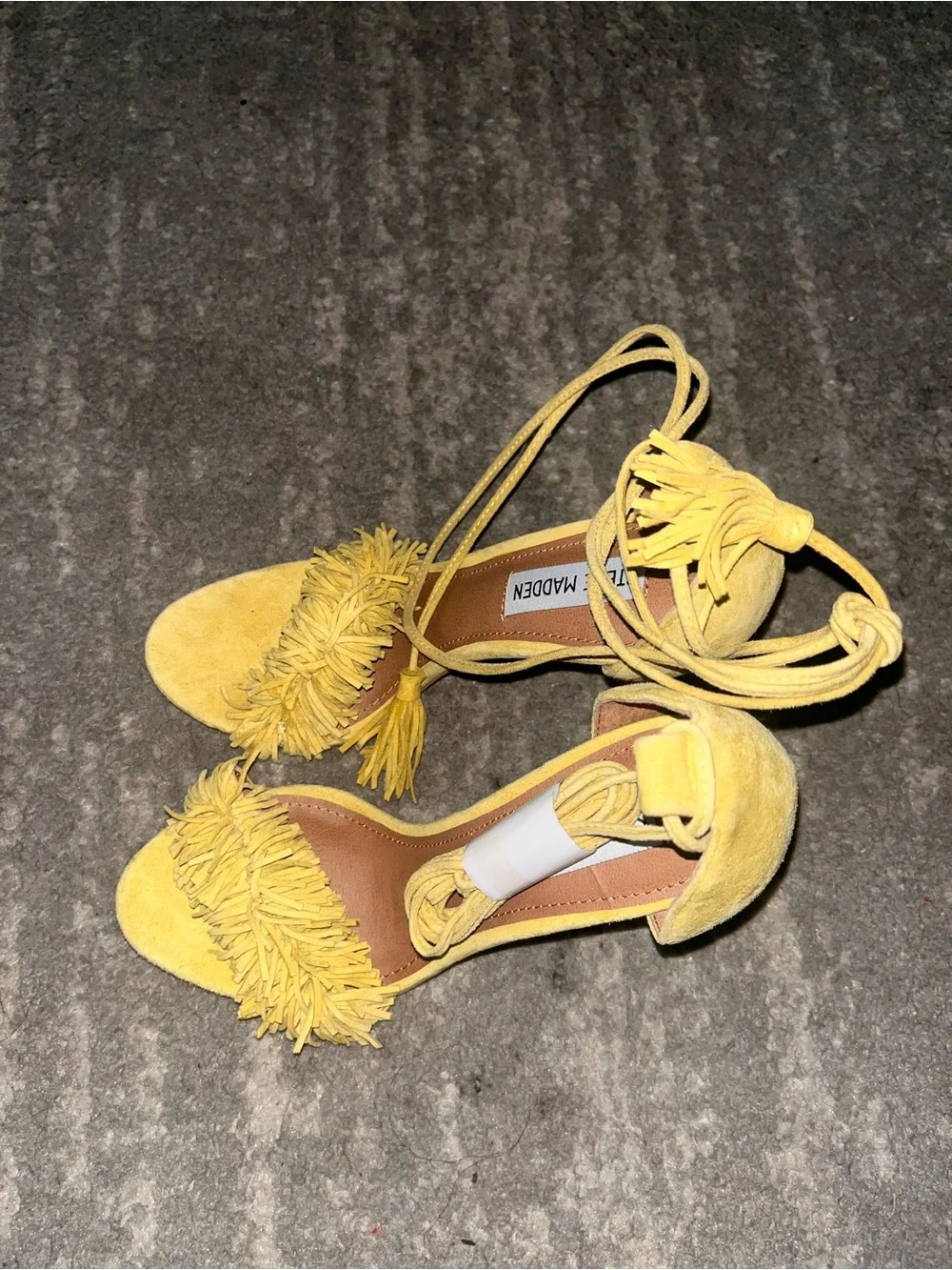 Steve Madden Yellow Fringe Suede Ankle-Tie Heels